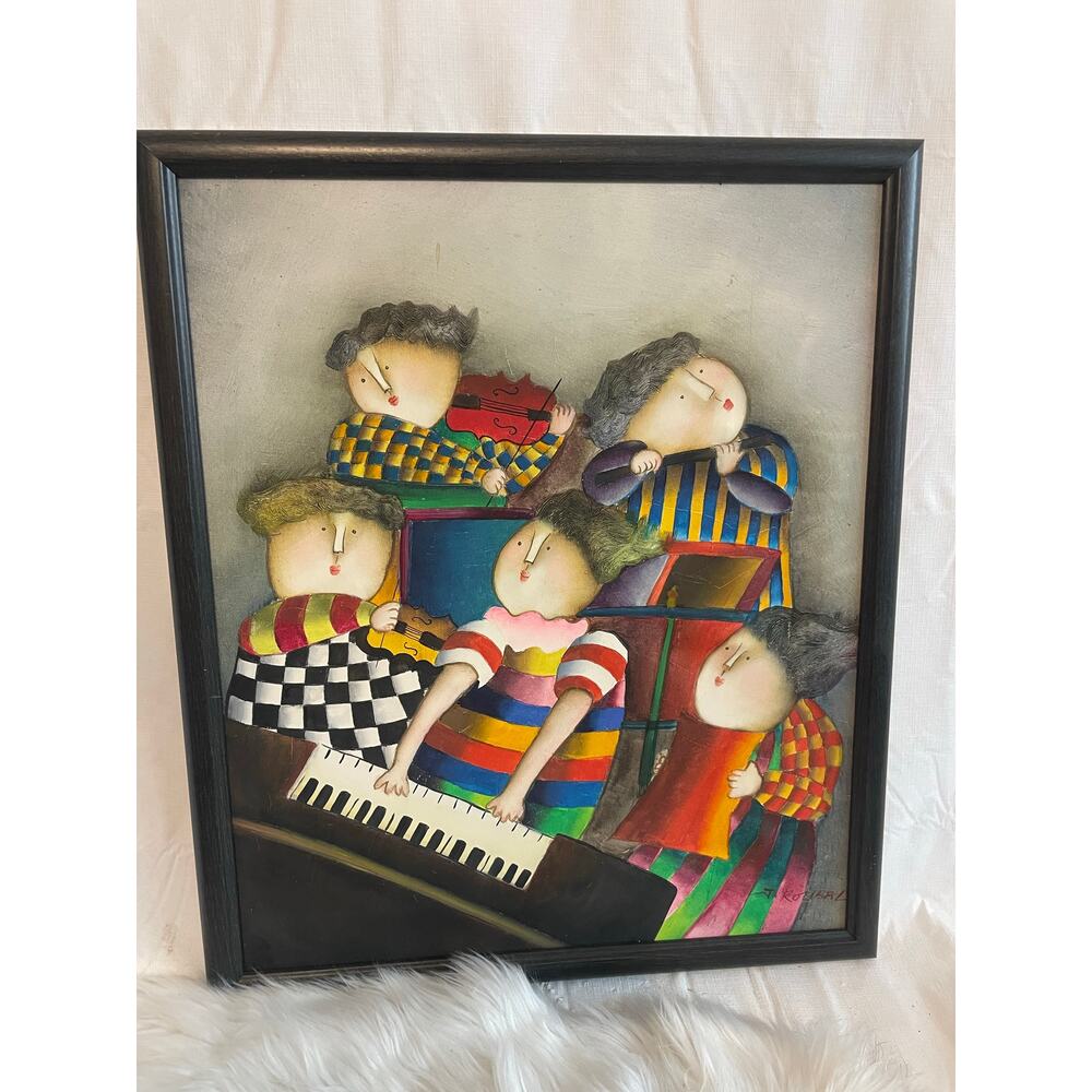 Large Signed painting by Joyce Roybal Children Piano Whimsical Vintage